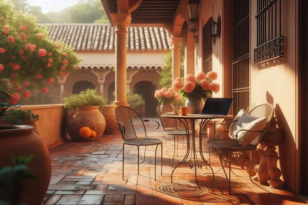 Andalusian patio coworking space in Málaga blending traditional architecture with modern work tools