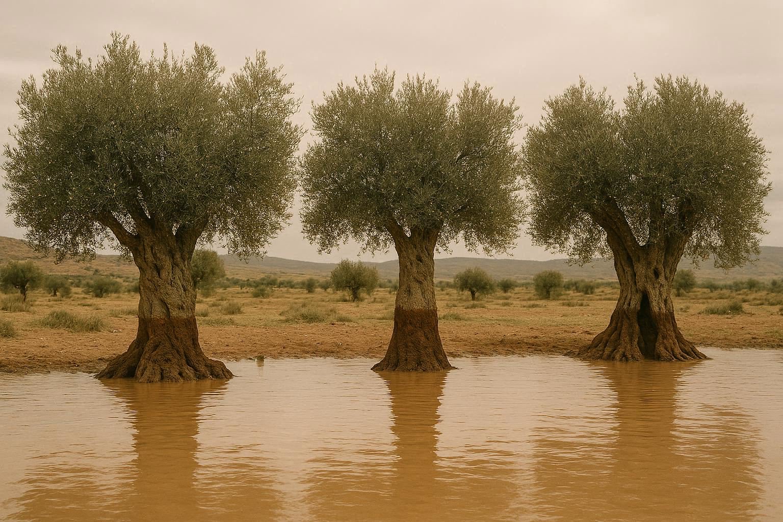 Three olive trees in row showing flood water lines at different heights, symbolizing three articles of series