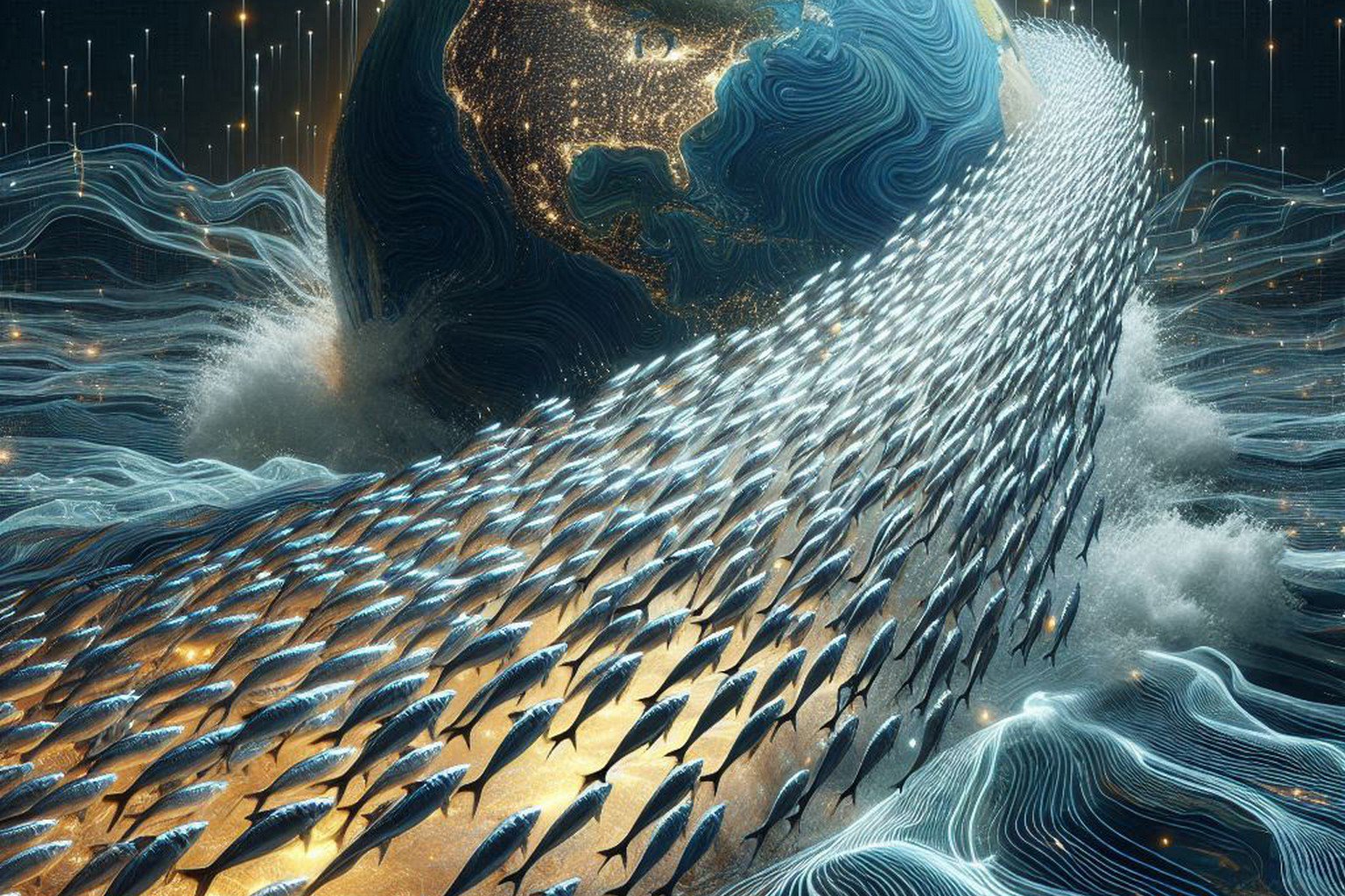 School of silver sardines swimming in unified current between abstract coastlines of Spain and Morocco - symbolizing purposeful movement between cultures