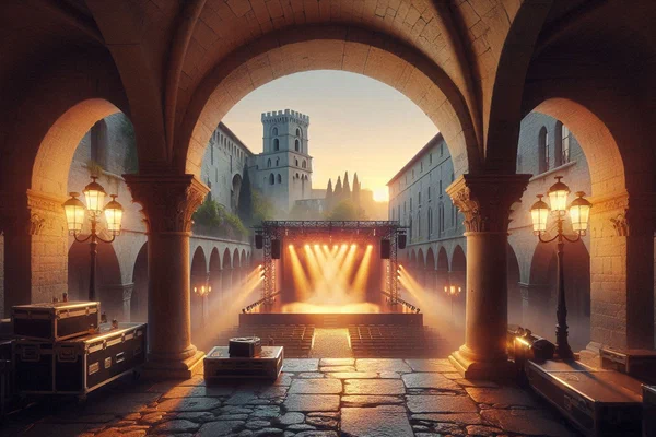 Medieval courtyard in Avignon transformed into contemporary festival stage at dusk - ancient stones framing vibrant modern creativity