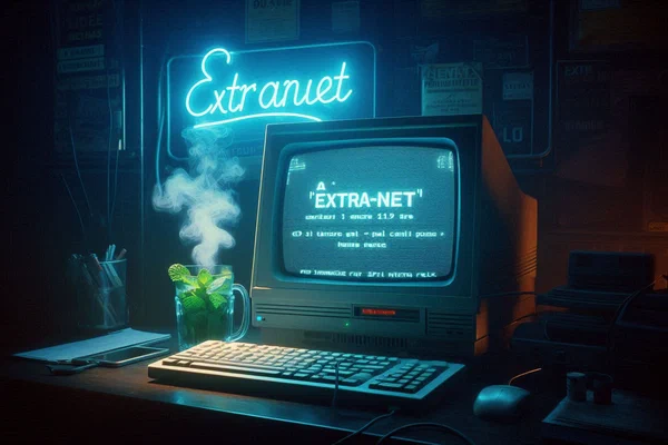 Nostalgic CRT monitor in dark cybercafé with mint tea and Arabic script glowing on screen - symbolizing intentional digital access