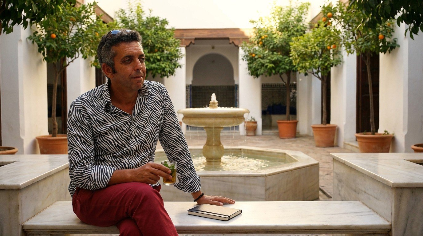 Salah, a man in his mid-40s wearing a classic zebra-striped shirt, sits alone on a marble bench in a sun-drenched Andalusian courtyard (Palaestra), holding a glass of mint tea, a closed Moleskine notebook beside him, a central fountain and orange trees framing the scene, golden Mediterranean light enveloping him in a moment of serene clarity.