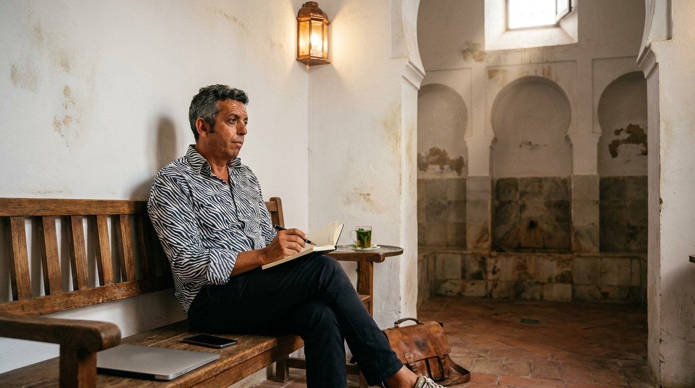 Salah, a man in his mid-40s wearing a classic zebra-striped shirt, sits on a wooden bench in a historic Andalusian hammam vestibule in Málaga, holding an open Moleskine notebook and a fountain pen, warm golden light streaming through a narrow window above.