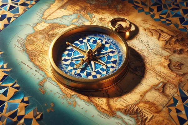 Antique brass compass on hand-drawn maps of Andalusia and Morocco with zellige patterns - cultural navigation through memory