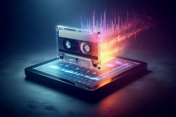 Vintage cassette tape dissolving into digital audio waveform on minimalist software interface, symbolizing analog to digital transformation