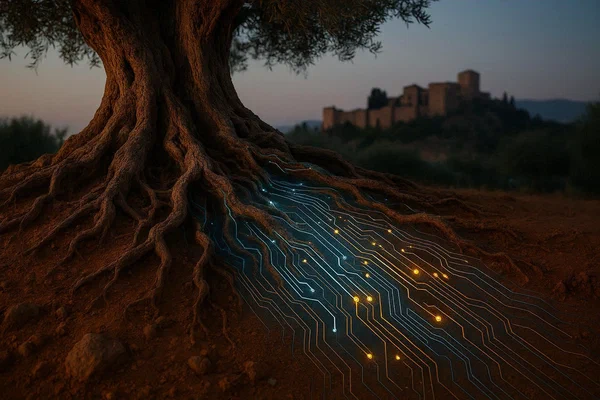Ancient olive tree roots merging with glowing digital circuit patterns under a Mediterranean twilight sky.