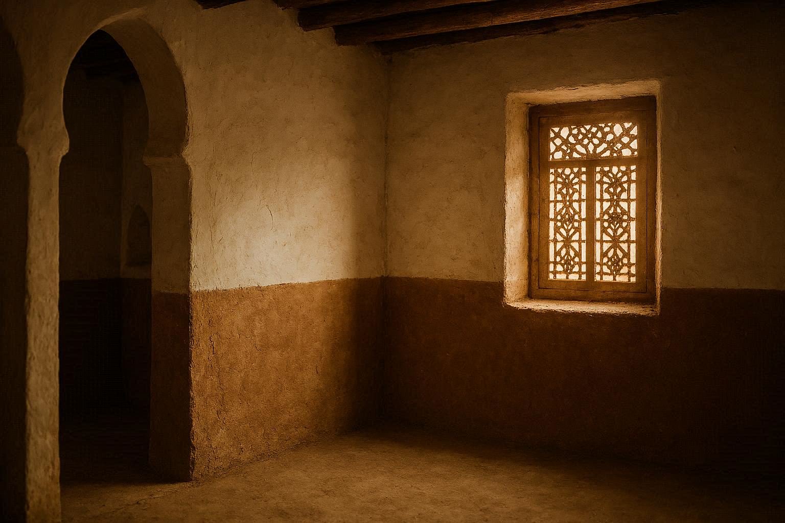 Brown water line on interior wall of Moroccan house, showing flood height