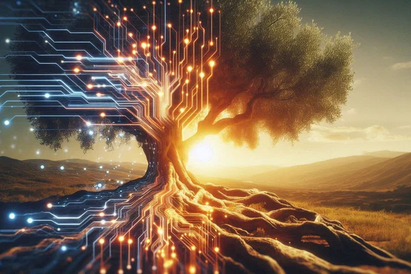 Ancient olive tree roots transforming into glowing digital network representing rooted nomadism philosophy