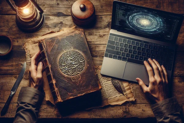 Aged handwritten recipe book beside laptop showing AI interface, symbolizing heritage preservation through technology