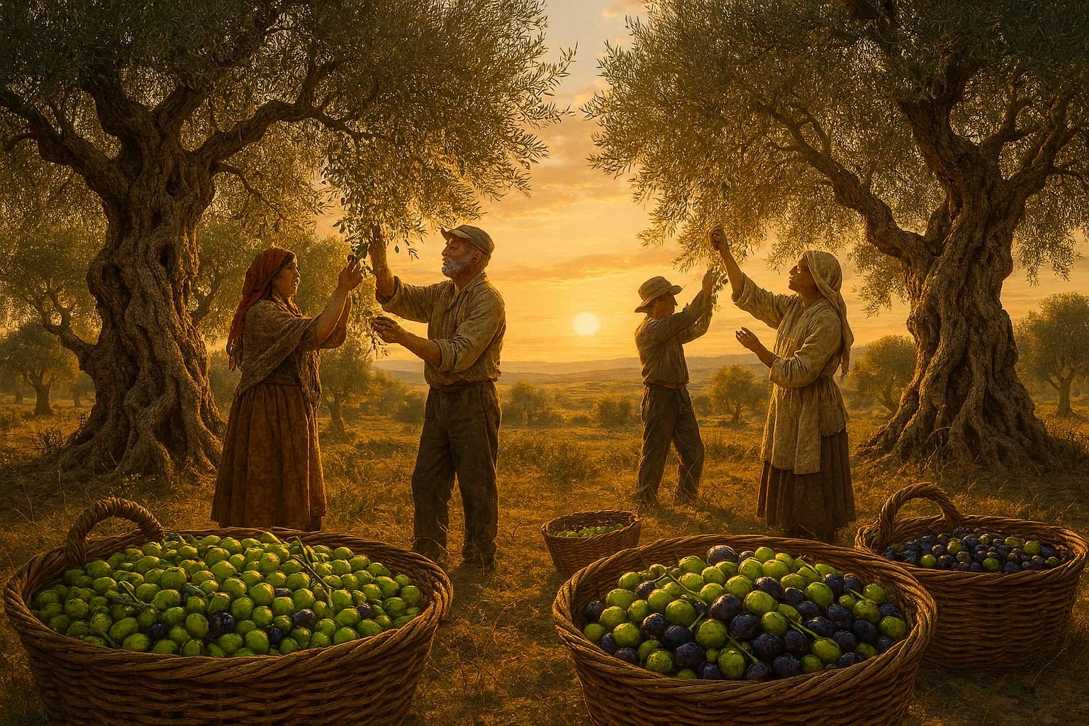 Olive harvest in Loukkos valley just before the floods, with baskets of fresh olives