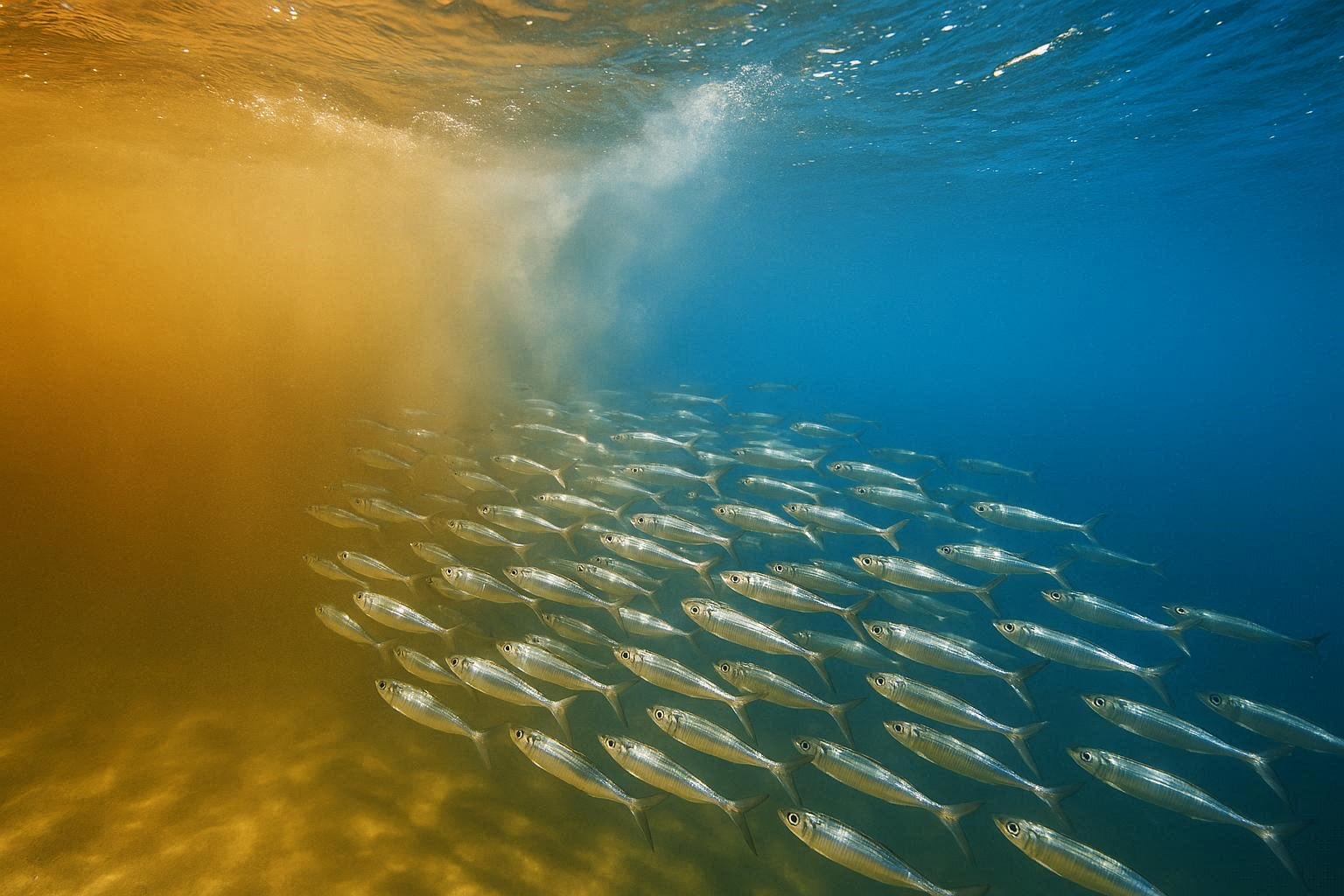 Sardines swimming at mouth of Loukkos river near Larache, silver reflections in water