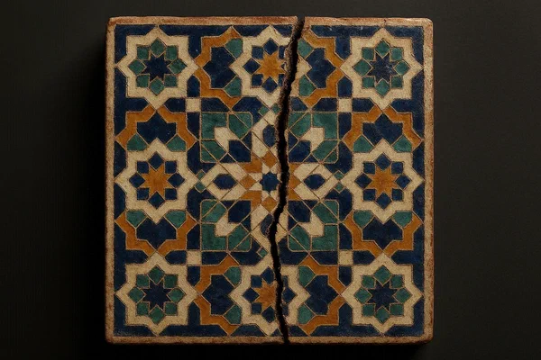A single, beautifully geometric Moroccan zellige tile with a jagged, unfixable crack running through the center.