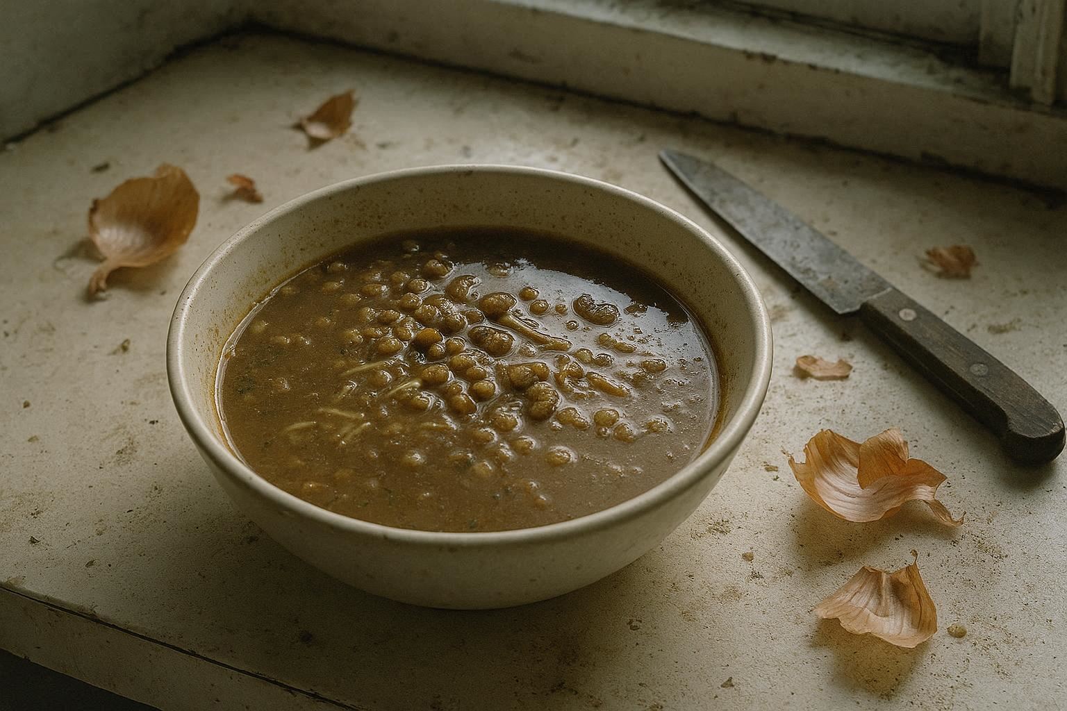 The failed harira – mediocrity as anesthesia A bowl of poorly cooked Moroccan harira soup with uneven lentils, on a messy kitchen counter.