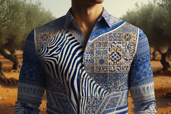 Salah Nomad's zebra shirt merged with Moroccan zellige patterns, symbolizing fusion of cultural identity and UX design principles