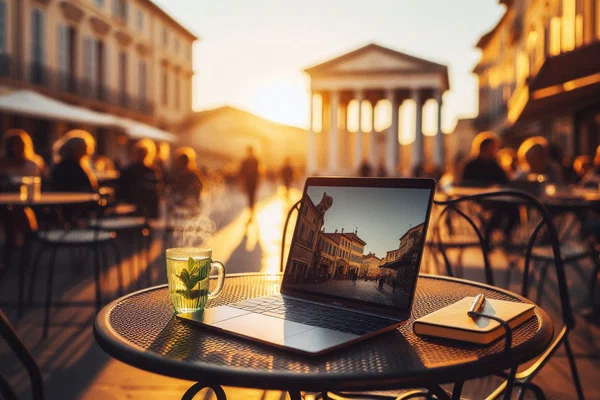 Closed MacBook on café table at Place du Forum in Arles with mint tea and handwritten notes in golden hour light