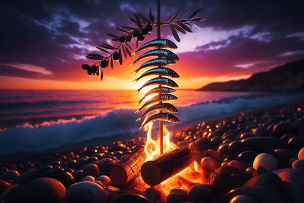 Freshly grilled sardines on bamboo skewers against vibrant Málaga sunset, symbolizing slow work and mindful rituals.