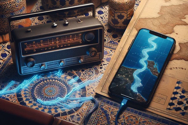 Vintage Panasonic radio transforming into iPhone through Moroccan zellige pattern over Mediterranean sea