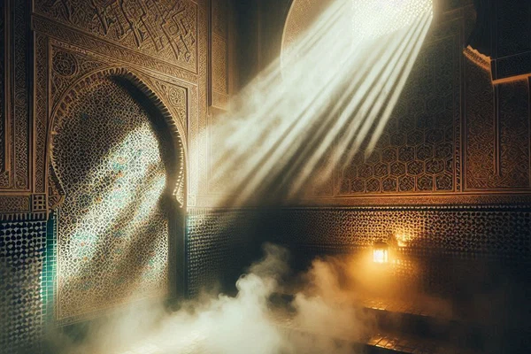 Single shaft of light piercing steam in ornate Moroccan hammam, illuminating ancient tiles and creating sanctuary atmosphere