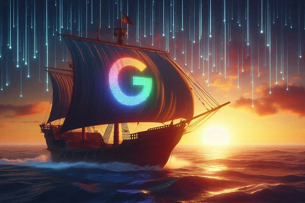 Majestic Phoenician trading ship navigating digital sea of data streams with Google-shaped constellation, symbolizing ancient wisdom guiding modern SEO