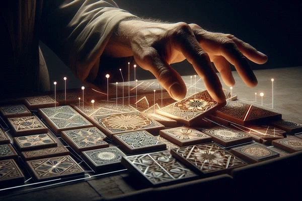Artisan hands placing geometric zellige tile from Seville transforming into productivity dashboard