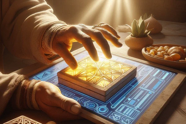 Artisan hands placing geometric zellige tile transforming into digital interface wireframe